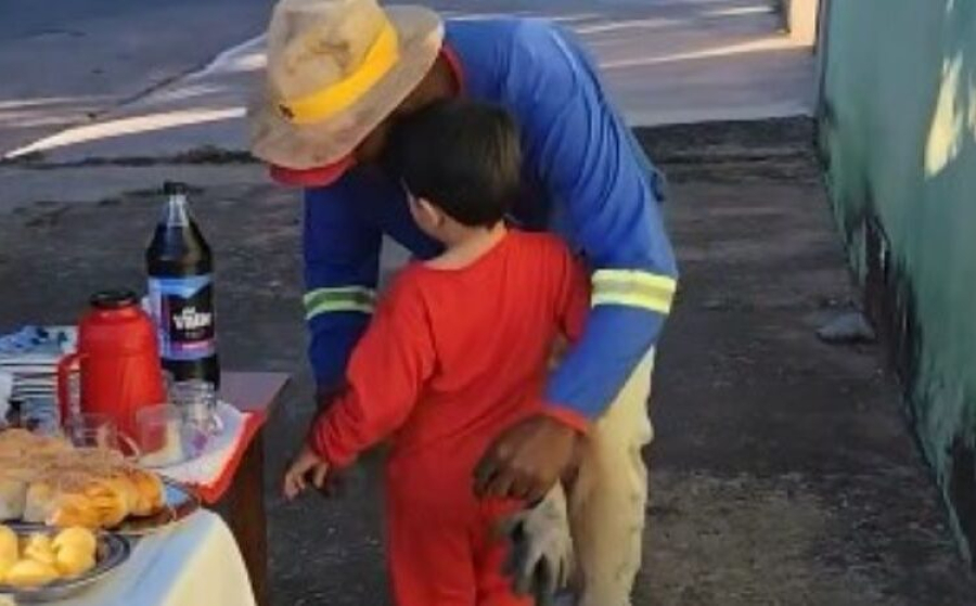 Aniversário de menino em Goiás emociona ao homenagear garis com café da manhã