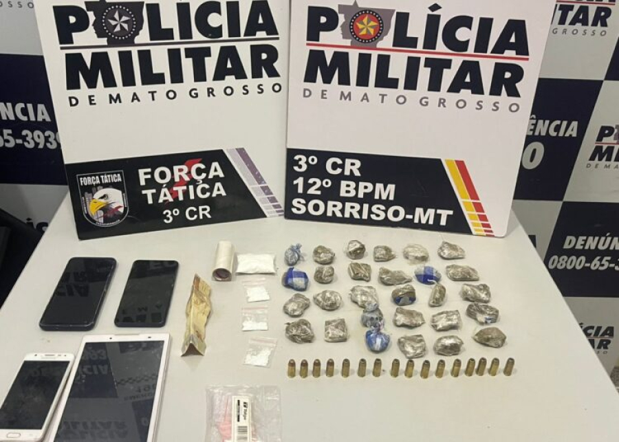 Força Tática prende casal de 24 e 23 anos por tráfico de drogas e posse de munições em Sorriso/MT